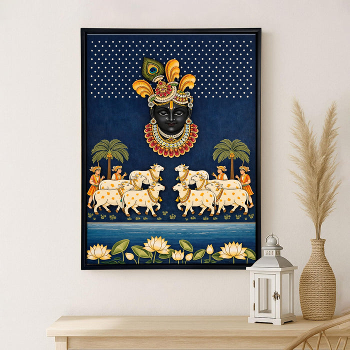 Krishna Pichwai Framed Canvas Painting for Living Room Wall Decor, Religious Krishna Cow and Lotus Framed Canvas Wall Art for Home Temple Vastu Place Size 43x58 cm