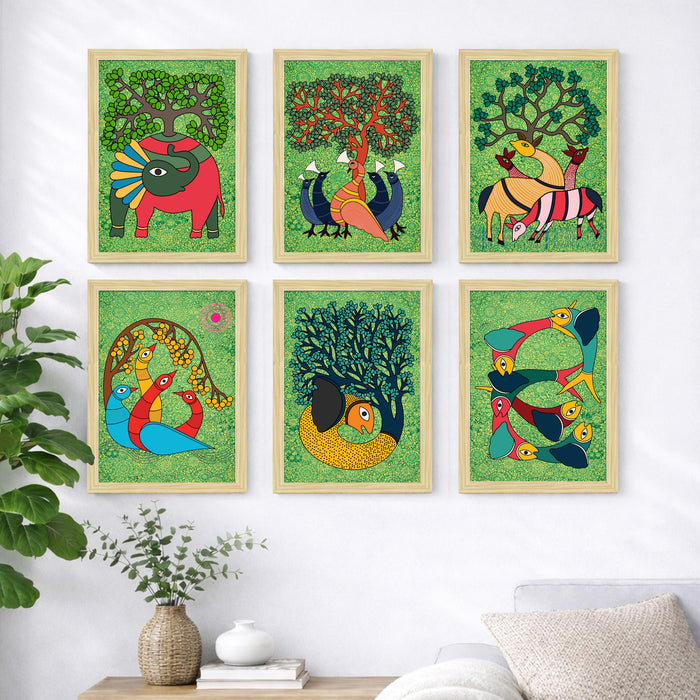Gond tribal Art Painting With Frame for living room, Traditional Indian Folk Framed Wall Art Painting for Home Decor Set of 6, Size 9.5 by 12.5 Inch