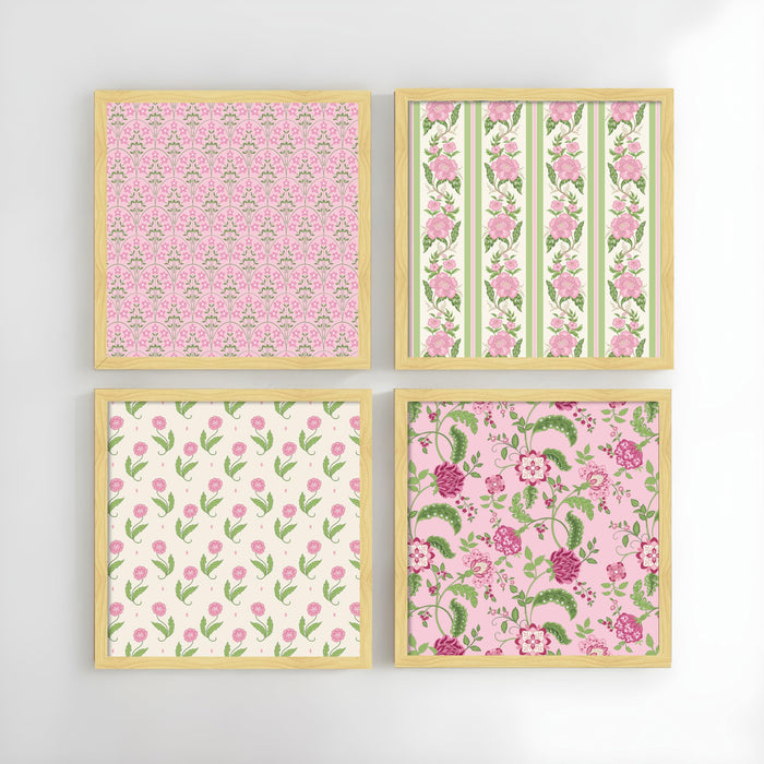 Pink Floral Wall Art Prints—Traditional Indian Folk Art Botanical Framed Wall Decor for Living Room, Bedroom & Home, (Set of 4) (13.2 inch x 13.2 inch