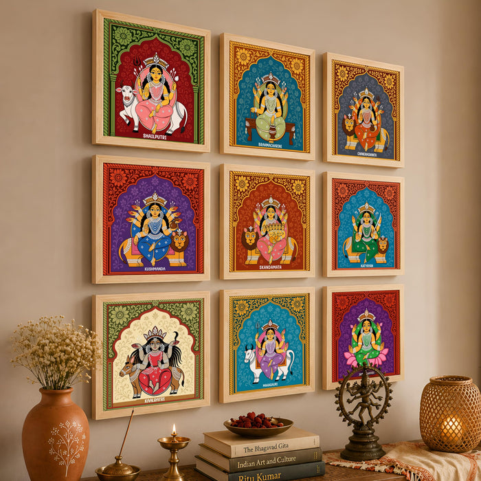 Nine Forms of Nav Durga Wall Art Painting Set of 9 with Frames 9x9 Inch, Hindu Goddess Navratri Decorative Wall Paintings & Showpiece, Spiritual Religious Wall Decor for Living Room, Pooja Room