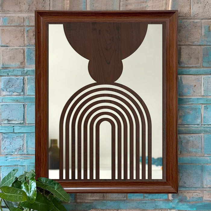 Decorative Acrylic Mirrors with Geometric Abstract Design MDF Jali Set of 2 | Two Brown Jharokha Wooden Wall Mirror Panel (18 x14 Inch)