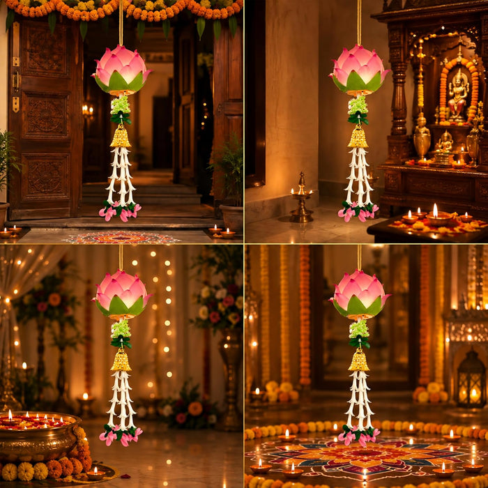 Pink Lotus LED Hanging Lantern Light for Diwali Decoration, Festive Home Decor, Mandir, Puja Room & Traditional Indian Festival Decoration