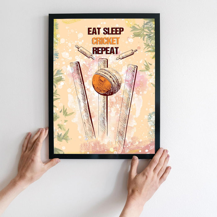 Art Street Cricket Ball Hitting Wickets Bowled Out Framed Wall Hanging Poster For Home Decor, Living Room, Office And Hotel Decoration, (12.7x17.5 Inch)