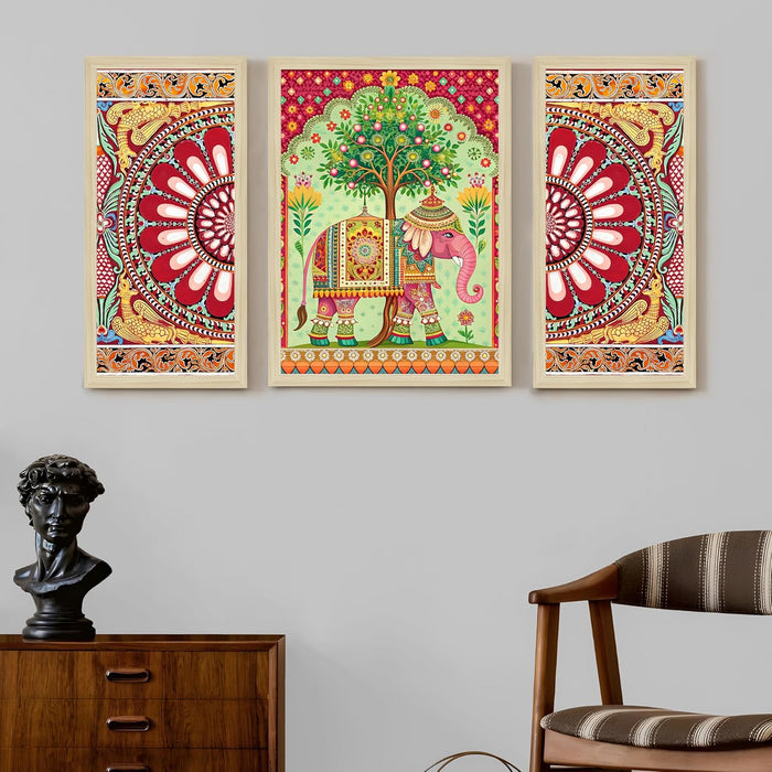 Elephant and Flowers Madhubani Framed Wall Art Painting Home Décor Pack Of 3 | Digital Scenery Painting with Frame | Suits for Hallways, Living Room, Office Set Of 3 22x46 cm, 33x44 cm