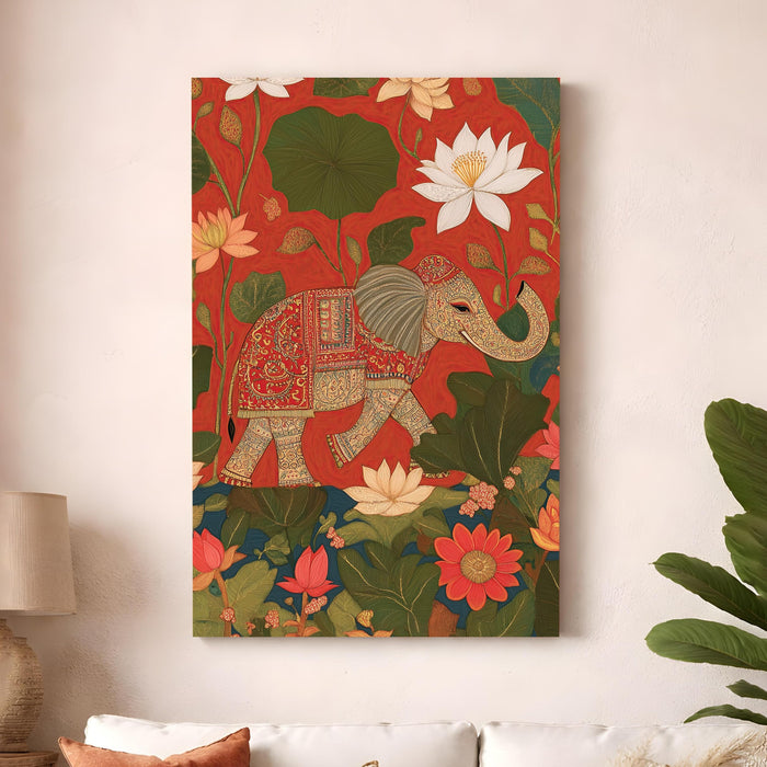 Indian Lotus Elephant Stretched Canvas Painting For Living Room | Madhubani Wildlife Stretched Canvas Wall Art For Livingroom Home Decor, Bedroom, Hallway's, Office, Hotel - 56x86 cm