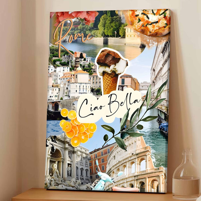 Rome Landmarks Collage Mixed Media Canvas Wall Painting | Travel pop art Canvas Wall Painting For Home and Office Wall Décor (41x56 cm)