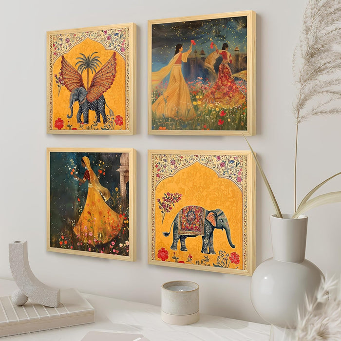Madhubani Art Print, Women in Floral Garden (13.5x13.5 Inch, Pack of 4)