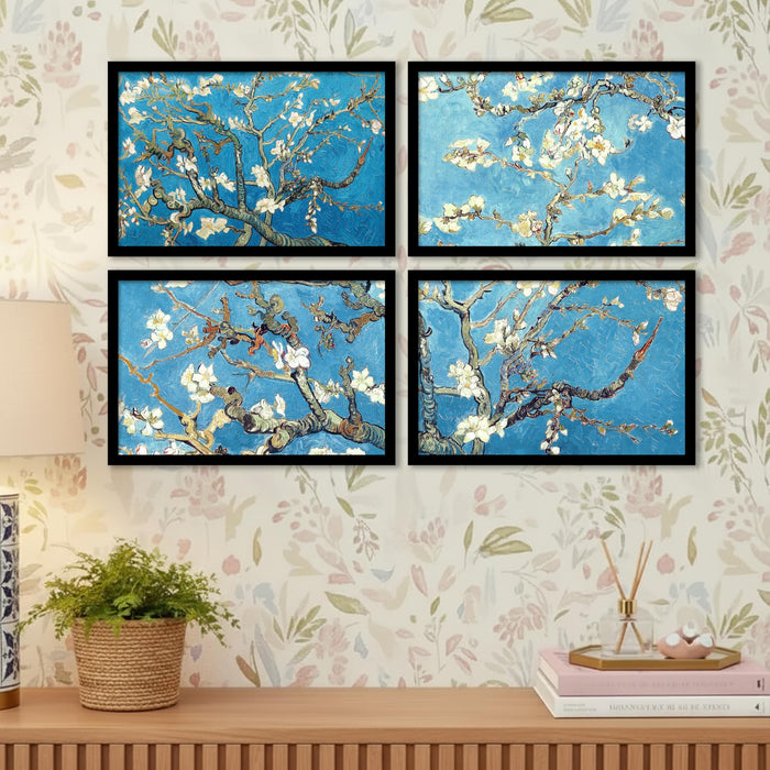 Abstract Blossom Tree Framed Wall Art Painting Set of 4 | Blue Floral Art Print for Living Room, Bedroom & Office Décor, 23x32 cm