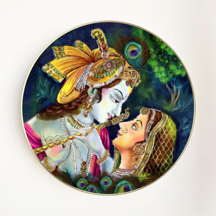 Radha Krishna Pichwai Art, Metal Finish Round Vinyl Golden, Sparkle Laminated Slim Framed Large Size Wall Art Painting For Home Decor(22x22 Inch)