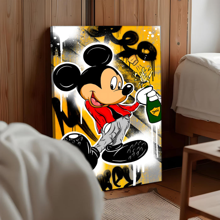 Cartoon Mouse Champagne Stretched Canvas Painting Print| Graffiti Style Pop Art Wall Décor | Modern Street Art Canvas for Home & Office, 56x86 cm