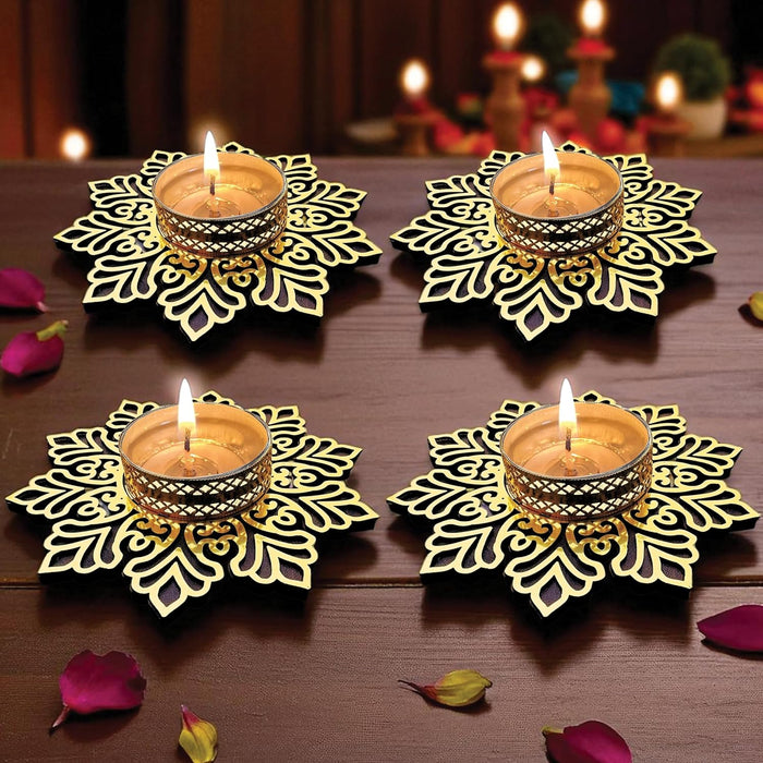 Decorative Diwali Tealight Diya Holders for Home Decoration, Dipawali Décor Items, Diwali Temple Decoration - MDF Wood Tea Light Candle Holder Stand Flower-shaped stands –11x11 cm