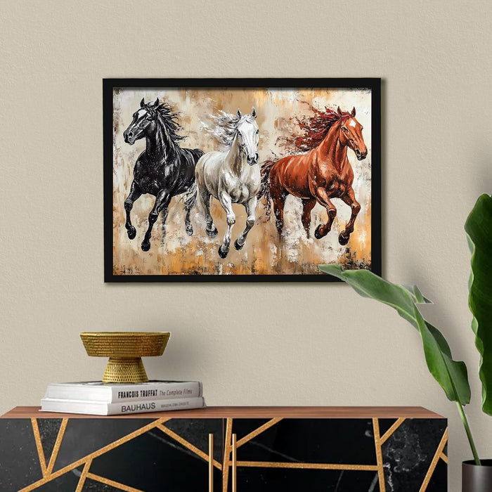 Abstract Wall Art Eight Running Horses Vastu Feng Shui Multicolor | Digital Painting Framed with Engineered Wood Frame (17x23 Inch)