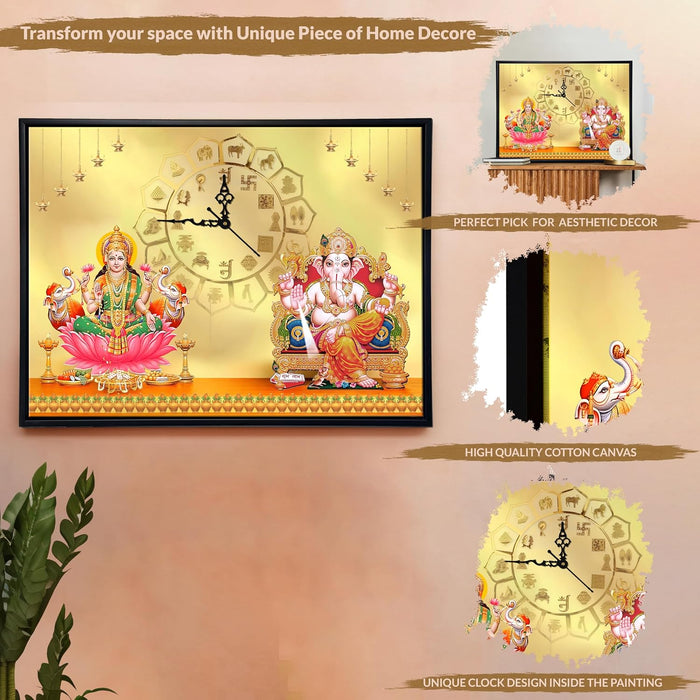 Hindu Religious Portrait Abstract Divine Multicolor Framed Canvas wall art With Clock | Painting with clock. 43x58 cm