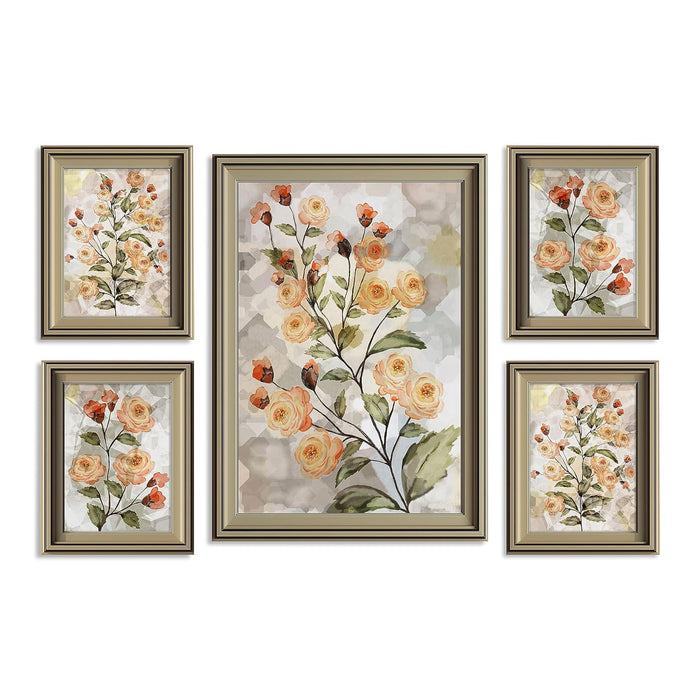 Art Street Pink Orange Rose Floral Framed Art Print For Living Room, Decorative Home & Wall Decor - Set Of 5 (Silver, 4 Pcs-5x7 Inch, & 12x16 Inch)