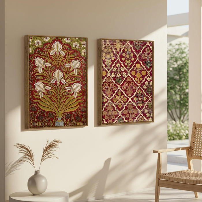 Flower Pattern Mughal Canvas Floral Large Wall Art Painting for Living Room Decoration, Stylish Large Wall Art Print for Wall Decor (Set of 2, 58x89 cm)