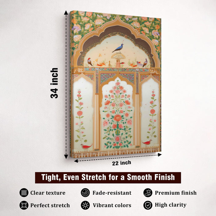Mughal Peacock Garden Stretched Canvas Painting For Living Room | Madhubani Royal Jharokha Stretched Canvas Wall Art For Livingroom Home Decor, Bedroom, Hallway's, Office, Hotel - 56x86 cm