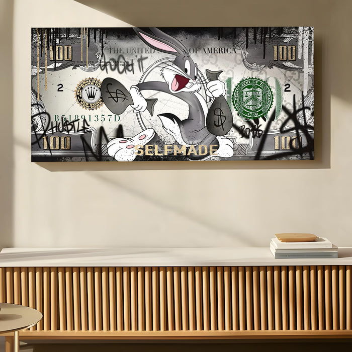 Self-Made Money Graffiti Stretched Canvas Wall Art | Luxury Dollar Theme Pop Art Modern Wall Painting for Living Room, Office & Studio Décor, 22x46 Inch