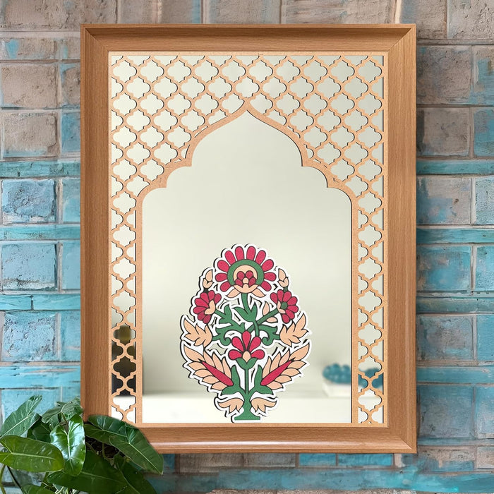 Decorative Acrylic Mirror with Floral And Mughal Design MDF Jali Set of 2 | Two Beige Jharokha Wooden Wall Mirror Panel (18x14 Inch)
