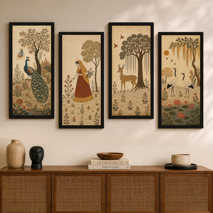Traditional Indian Heritage Framed Wall Art Painting For Living Room | Peacock, Deer, Woman Artwork Poster with Frame for Wall, Decoration item for Bedroom, Set of 4, Size 9.5x19.5 Inch