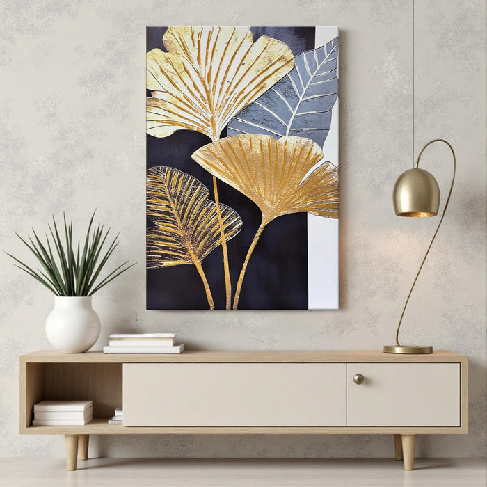 Abstract Stretched Canvas Paintings Gold Ginkgo Leaf Wall Art 3D Textured Abstract Botanical Canvas Painting Wall Décor Hand Painted Art Painting for Modern Home Decor 61x 91cm