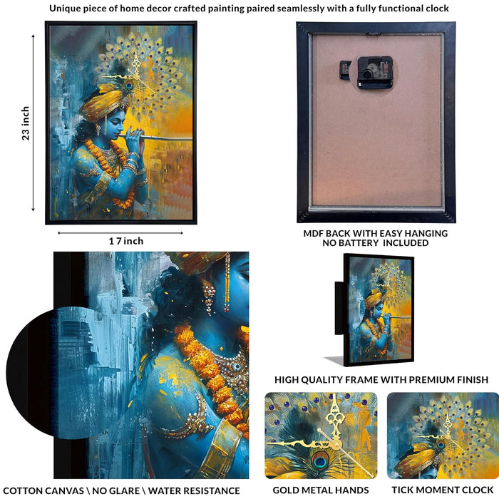 Hindu Religious Portrait Abstract Divine Multicolor Framed Canvas wall art With Clock | Painting with clock. 43x58 cm