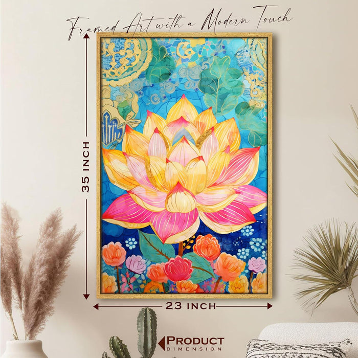 Modern Abstract Multicolor Lotus Flower Art Stretched Canvas Painting with Frame – Canvas Wall Art – 23x35 Inch Framed Canvas
