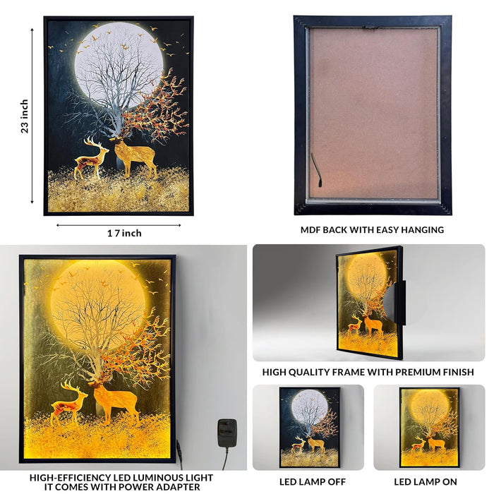 Framed Canvas Art Print with LED Light Decorative Canvas Wall Art, Deers in Front of the Moon Painting with LED Wall Decor 43x58 cm
