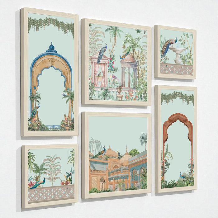 Framed Wall Art Print Pack of 6 Framed Wall Decoration Art Prints Traditional Indian Mughal Garden 24x48, 34x34 and 24x24 cm