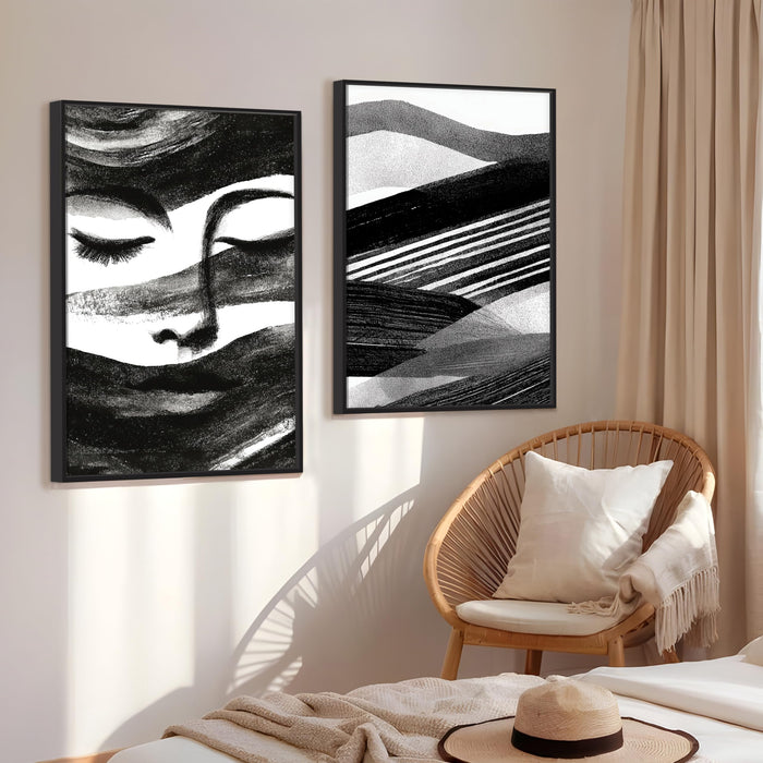 Abstract Face Black and White Canvas Bohemian Large Wall Art Painting for Living Room Decoration, Stylish Large Wall Art Print for Wall Decor (Set of 2, 58x89 cm)