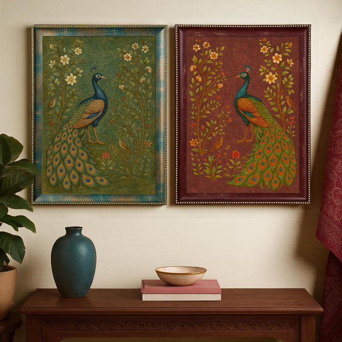 Set of 2 Green and Maroon Peacock Wall Art Framed Art Prints, Antique Indian Mughal Rajasthani Style Peacock Bird Painting, Ornate Framed Ethnic Wall Decor Living Room Bedroom 35x45 cm