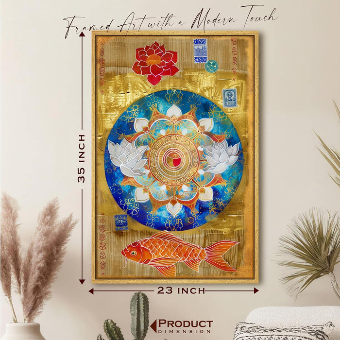 Abstract Mandala Art of Lotus and Koi Fish Multicolor Wall Art on Stretched Canvas – Frameless Unframed Gallery Wrap Canvas Wall Art 22x34 Inch
