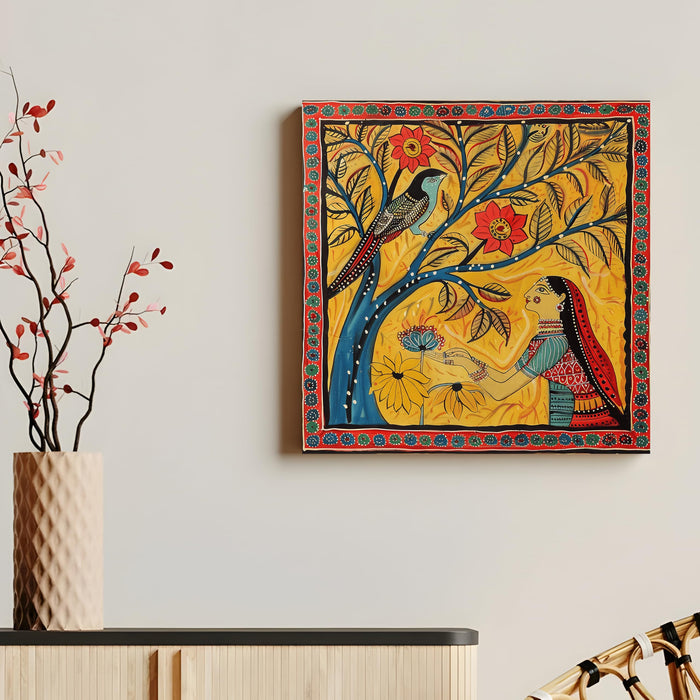 Madhubani Birds and Women Painting for Wall Decoration | Flower Canvas Wall Painting for Living Room, Bedroom, Home and Office Wall Decor (41x41 Cm)