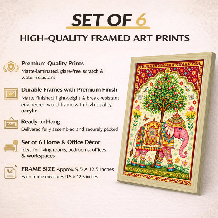 Indian Madhubani Painting With Frame for living room, Folk Style Garden Framed Wall Art Painting for Home Decor Set of 6, Size 9.5 by 12.5 Inch