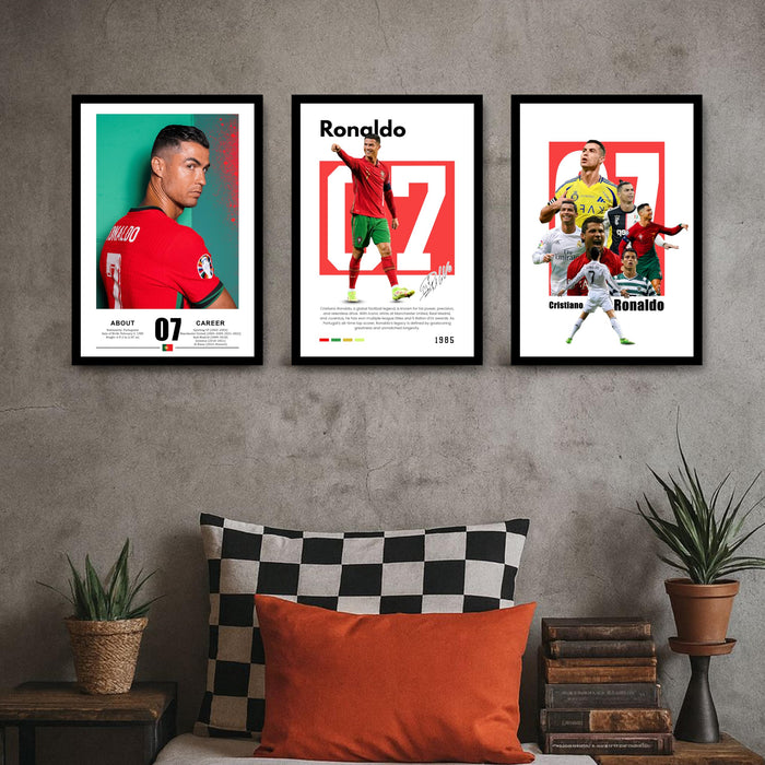 Cristiano Ronaldo Player Sports Painting With Frame for living room, Football Player Framed Wall Art Painting for Home Decor Set of 3, Size 13.6 by 17.9 Inch