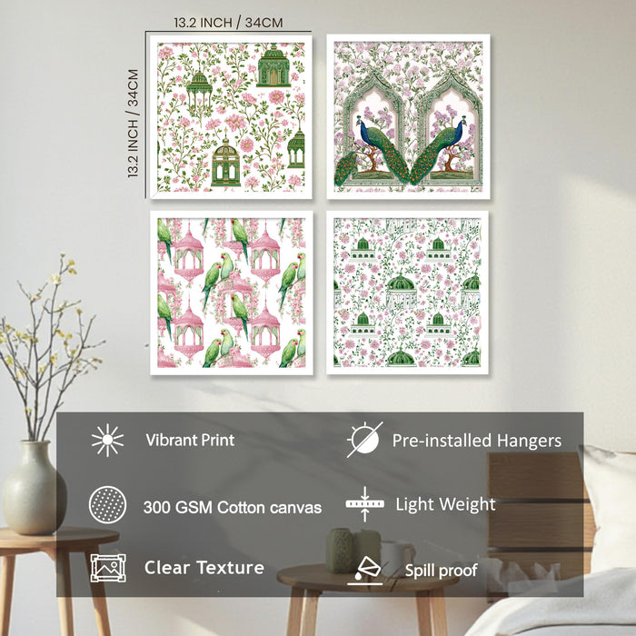 Pichwai art Floral Wall Art Prints—Indian folk art, Botanical Framed Wall Decor for Living Room, Bedroom, Nursery & Home Décor, (Set of 4) (13.2 inch x 13.2 inch)