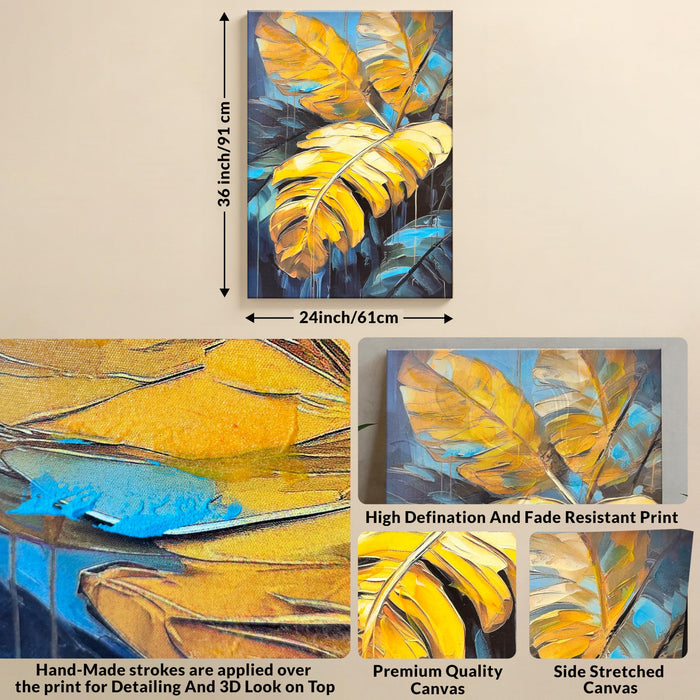 Stretched Canvas Tropical Leaf Art Wall Art Painting Abstract Yellow and Blue Leaves 3D Painting Abstract Paintings for Bedroom Office Wall Décor Hand Painted 61x91 cm