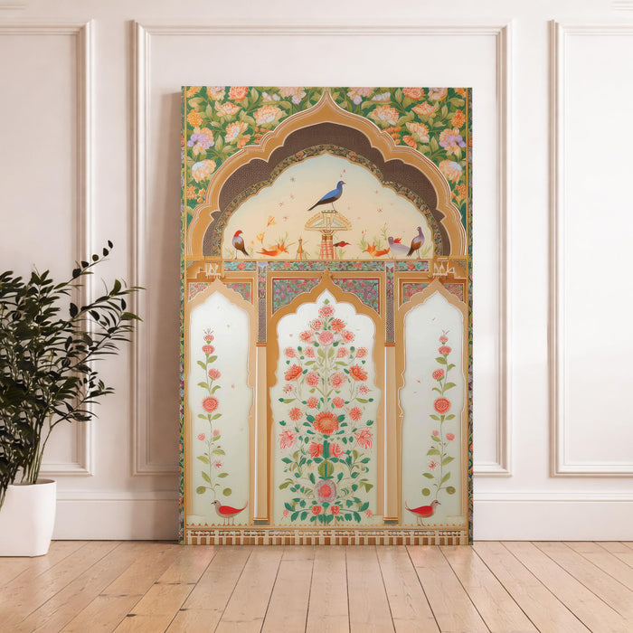 Mughal Peacock Garden Stretched Canvas Painting For Living Room | Madhubani Royal Jharokha Stretched Canvas Wall Art For Livingroom Home Decor, Bedroom, Hallway's, Office, Hotel - 56x86 cm