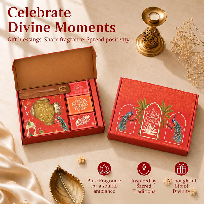 Pooja Hamper Box with Laxmi Ganesh Frame, Laxmi Charan, Aarti Sangrah, Ghanti, Agarbatti and Candle for Diwali Celebration and Gift for Family, Friends and Relatives (Pack of 7)
