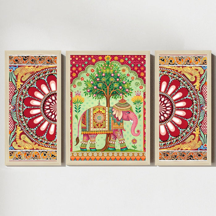 Elephant and Flowers Madhubani Framed Wall Art Painting Home Décor Pack Of 3 | Digital Scenery Painting with Frame | Suits for Hallways, Living Room, Office Set Of 3 22x46 cm, 33x44 cm