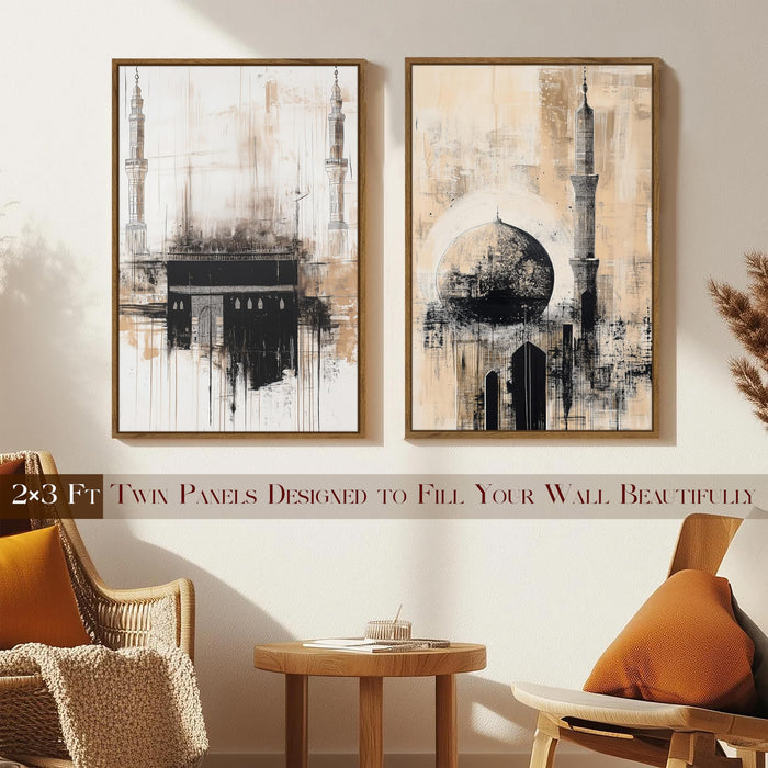 Kaaba Abstract Minimalist Stretched Canvas Painting Islamic Large Wall Art Painting for Living Room Decoration, Stylish Large Wall Art Print for Wall Decor (Set of 2, 58x89 cm)