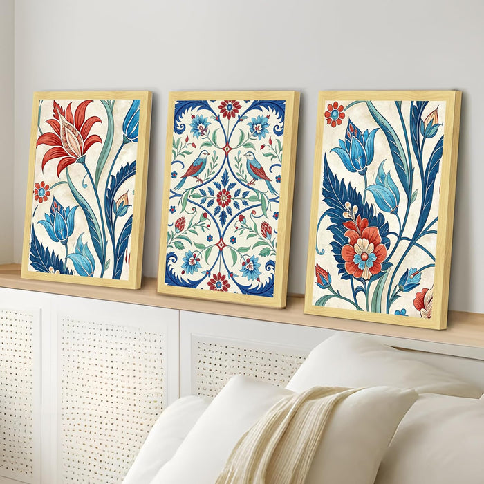 Framed Art Print Set of 3 Floral and Birds Turkish and Islamic Wall Art Prints Madhubani Inspired Indian Prints 30x41 cm