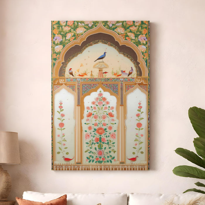 Mughal Peacock Garden Stretched Canvas Painting For Living Room | Madhubani Royal Jharokha Stretched Canvas Wall Art For Livingroom Home Decor, Bedroom, Hallway's, Office, Hotel - 56x86 cm