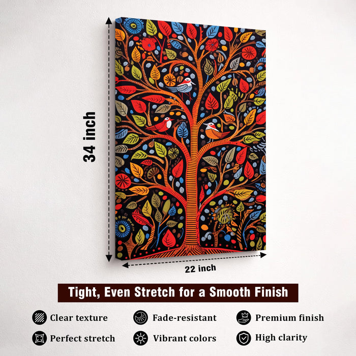 Madhubani Tree of Life Stretched Canvas Painting For Living Room | Indian Folk Tropical Stretched Canvas Wall Art For Livingroom Home Decor, Bedroom, Hallway's, Office, Hotel - 56x86 cm