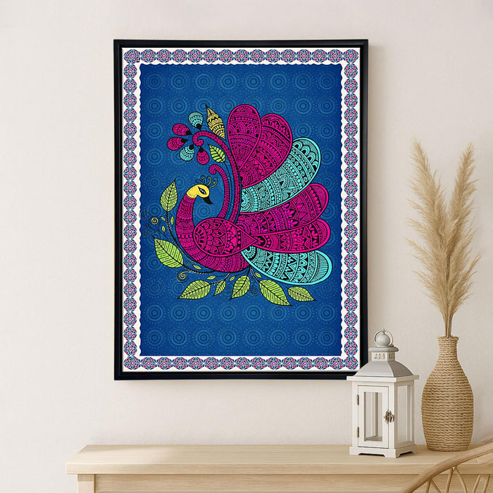 Gond Peacock Framed Canvas Painting for Living Room Wall Decor, Vastu Kalamkari Peacock Floral Framed Canvas Wall Art for Vastu Place Bedroom Home Hallways Office Hotel, Size 43x58 cm