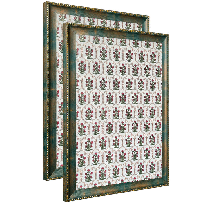 Pack of 2 Indian Pichwai Madhubani Green Framed Art-Print Wall Art Set Antique Nature Traditional Wall Décor Glitter Gold Foil Art Prints For Living Room, Bedroom, Office 35x45 cm
