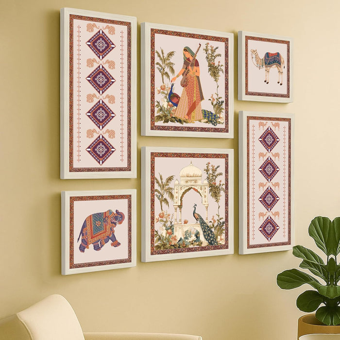 Framed Wall Art Print Pack of 6 Framed Wall Decoration Art Prints Traditional Indian Pichwai 24x48, 34x34 and 24x24 cm, Pink
