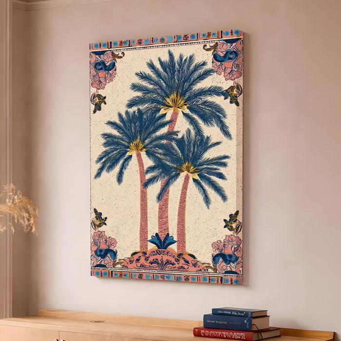 Mughal Botanical Stretched Canvas Painting For Living Room | Decorative Palm Garden Stretched Canvas Wall Art For Livingroom Home Decor, Bedroom, Hallway's, Office, Hotel - 56x86 cm