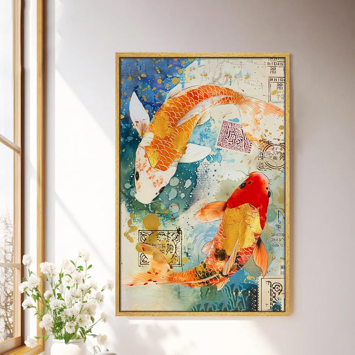 Abstract Traditional Koi Fish Multicolor Painting on Stretched Canvas – Frameless Unframed Gallery Wrap Canvas Wall Art 22x34 Inch