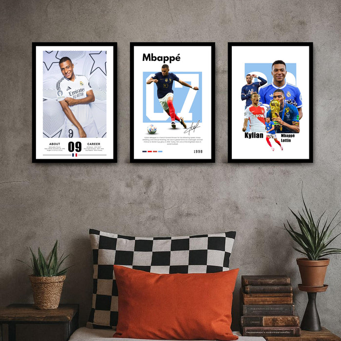 Kylian Mbappe Sports Painting With Frame for living room, Football Player Framed Wall Art Painting for Home Decor Set of 3, Size 13.6 by 17.9 Inch