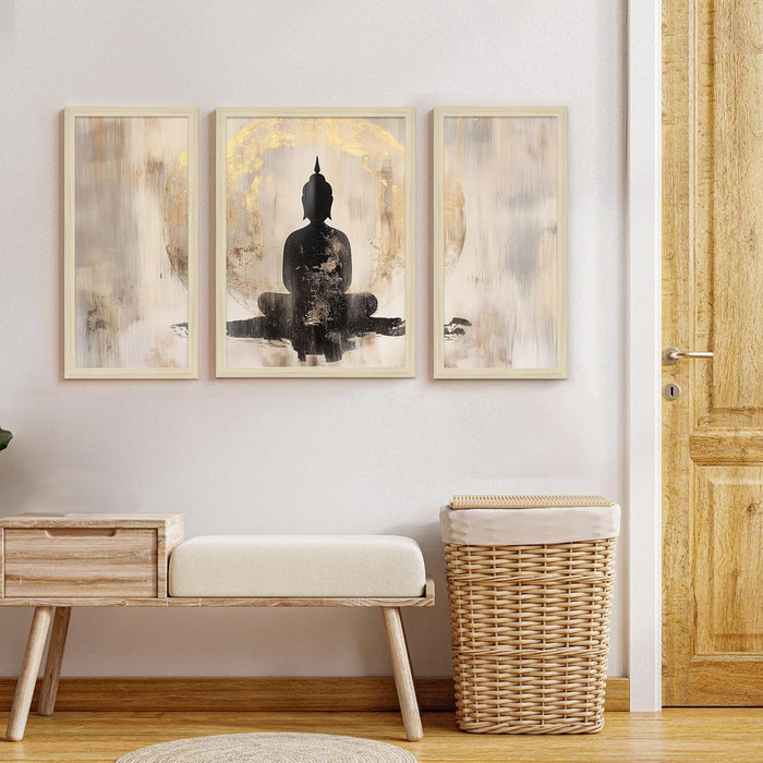 Buddha Floral Abstract Framed Wall Art Painting Home Décor Pack Of 3 | Digital Scenery Painting with Frame, Office Set Of 3, 22x46 cm, 33x44 cm